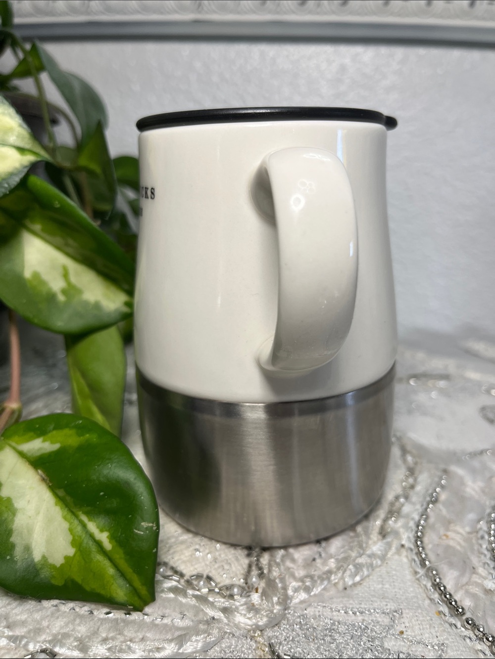 Starbucks White Ceramic Travel Mug with Black Rim and Stainless Base - Picture 5 of 7